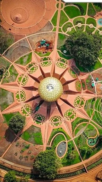 An aerial view of Matrimandir, Auroville