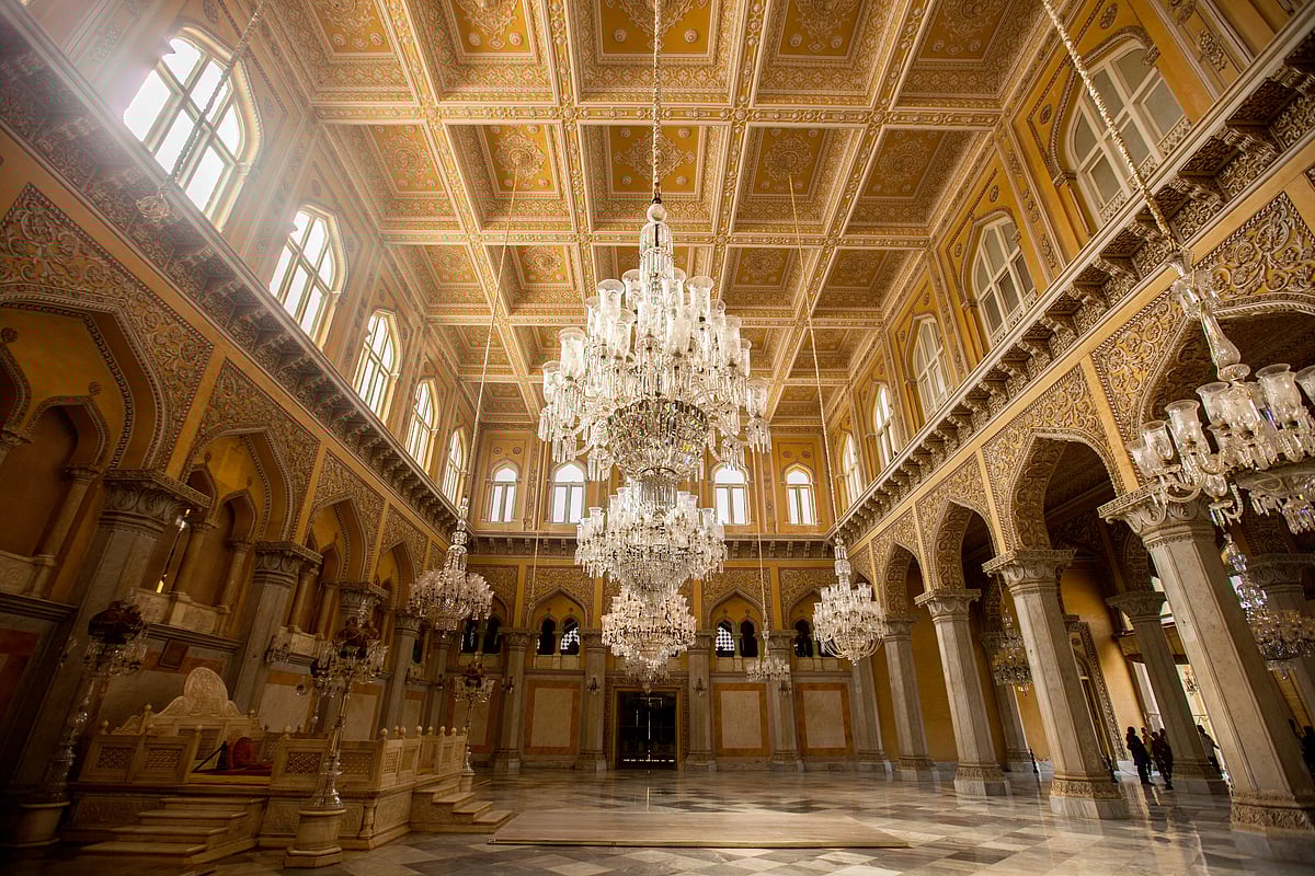 Nineteen chandeliers of Belgian crystal hang in the Durbar Hall of the Chowmahalla Palace