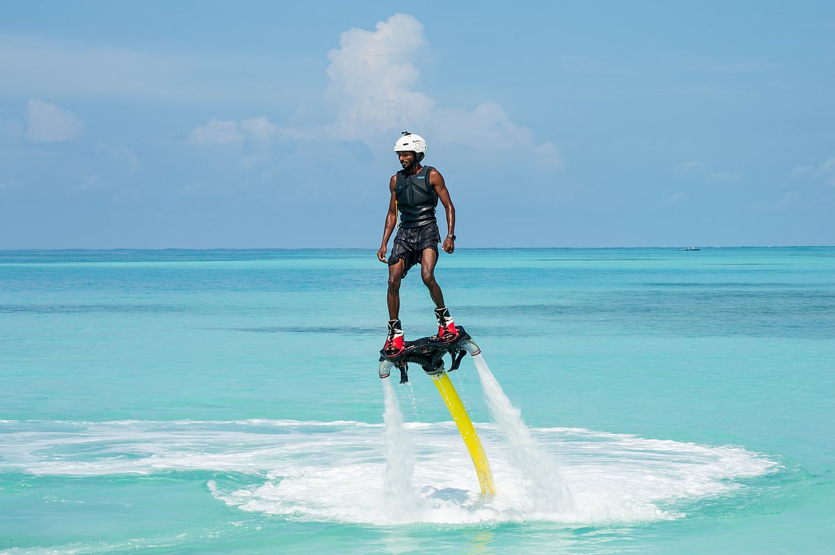 A Flyboard is a water sport equipment that is used for hydroflighting (flying over a body of water)