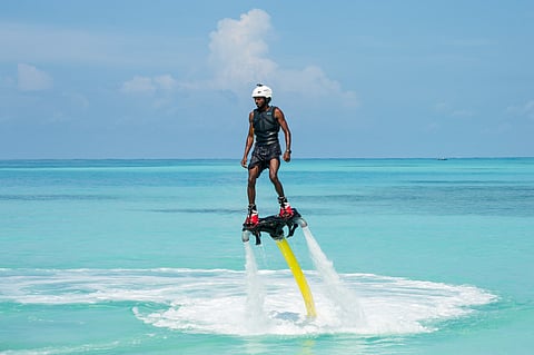 A Flyboard is a water sport equipment that is used for hydroflighting (flying over a body of water)