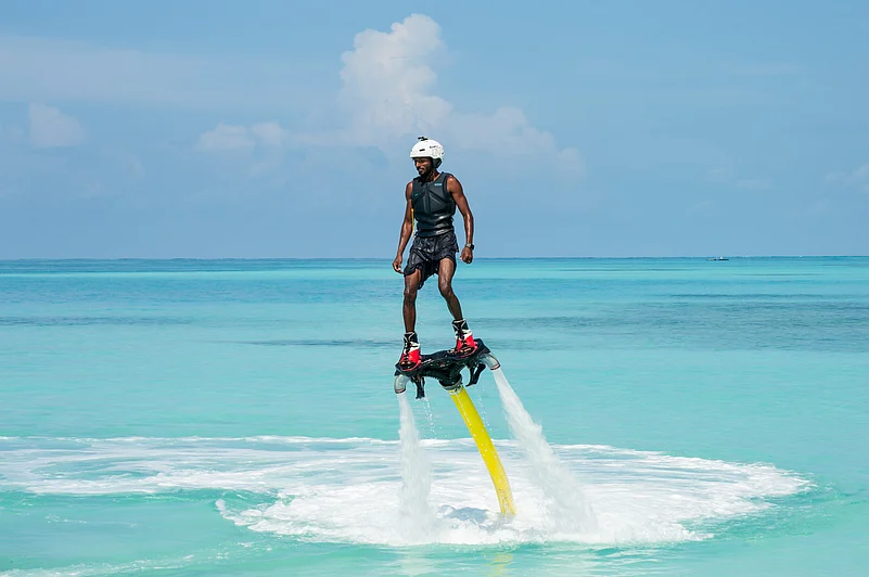 A Flyboard is a water sport equipment that is used for hydroflighting (flying over a body of water)