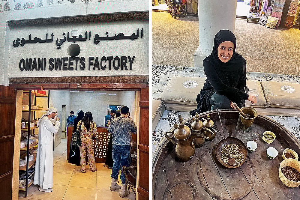 (L-R) : Customers sample Omani halwa at Souk Al Arsah; heritage expert Fatima Al Shuweihi at the Heart of Sharjah 