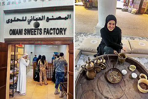 (L-R) : Customers sample Omani halwa at Souk Al Arsah; heritage expert Fatima Al Shuweihi at the Heart of Sharjah 