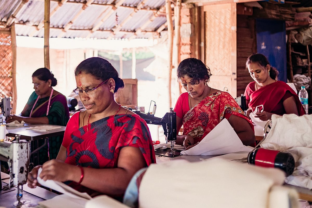 Upskilled women make an eye pillow cotton case for Kheoni Wellness