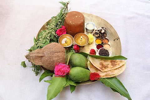 People celebrate Ugadi by preparing traditional sweets and pachadi, a sweet syrup made with raw mangoes