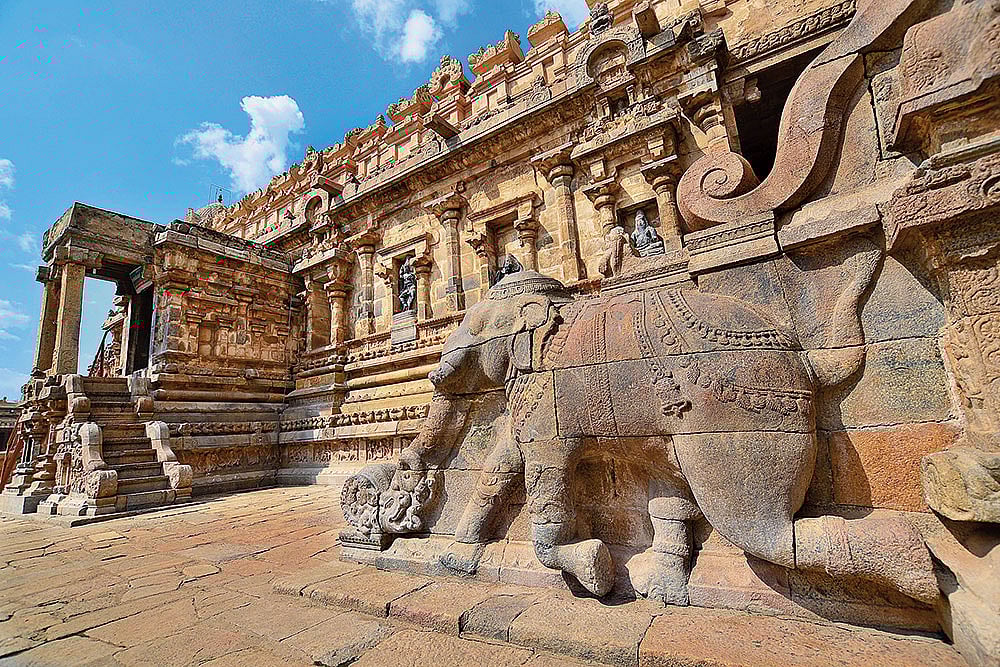 A carved elephant at the entrance of the Airavatesvara Temple in Darasuram, Tamil Nadu
