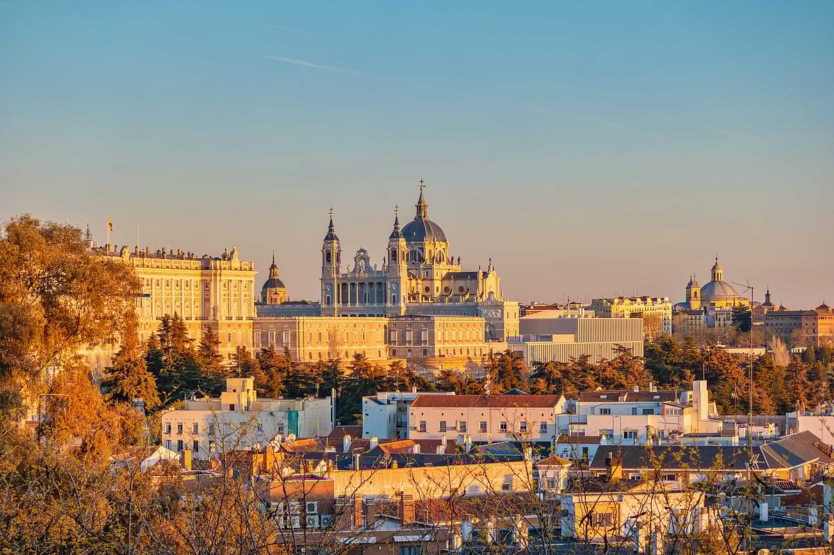 Turespaña : Sunset at Cathedral de la Almudena, Spain.