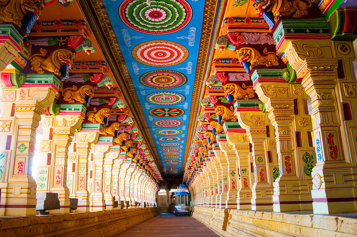 The corridors and sculptured pillars of Ramanathaswamy temple in Rameshwaram 