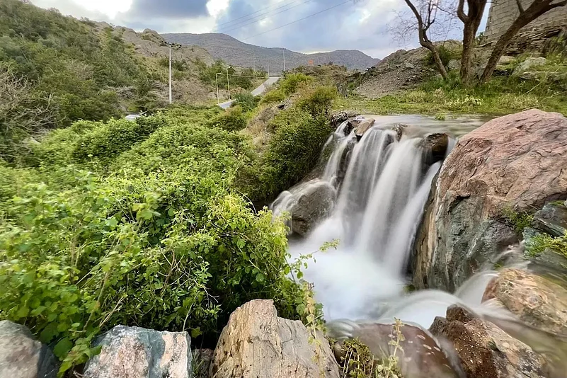 The Khairah Forests ancient agricultural terraces conserve water and nourish the Khairah Waterfall (seen here)