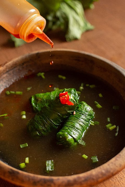 Dumplings wrapped in mustard leaves by Chef Ahmedaki Laloo.