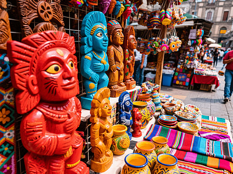 Tchotchkes of Mexican folk art for sale in a market