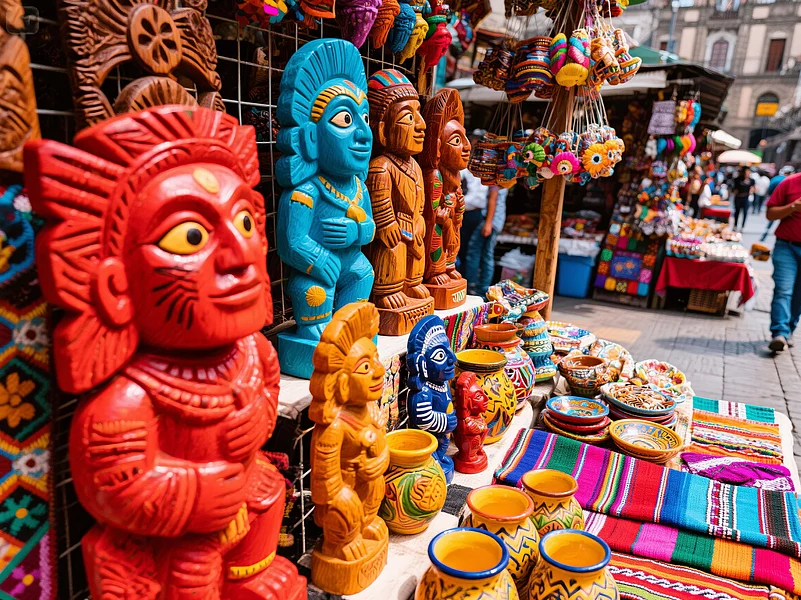 Tchotchkes of Mexican folk art for sale in a market