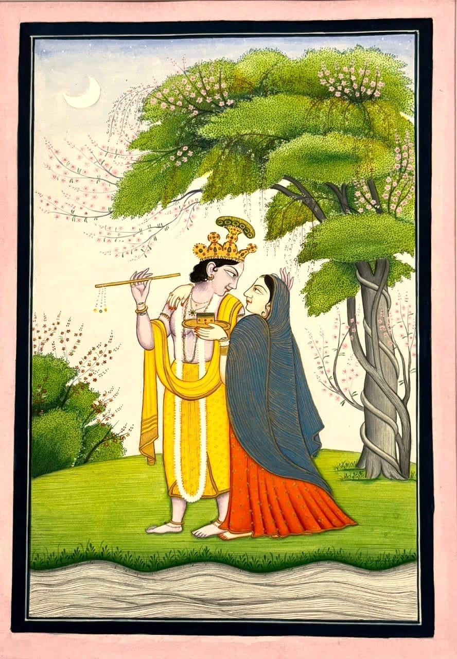 A Pahari miniature depicting the theme of a nayak-naayika (hero-heroine) in the forest. Painted by Bundelas students