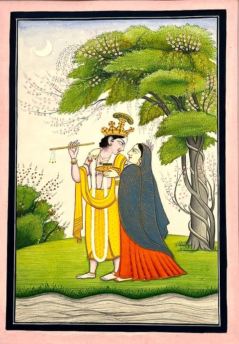 A Pahari miniature depicting the theme of a nayak-naayika (hero-heroine) in the forest. Painted by Bundela's students