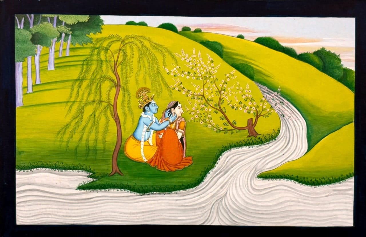 Krishna adoring Radha in the Kangra school of Pahari miniature painting by Bundelas students