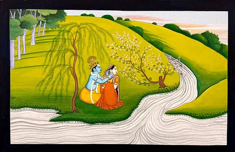 Krishna adoring Radha in the Kangra school of Pahari miniature painting by Bundela's students