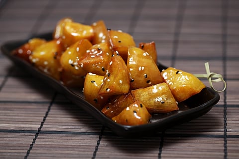 Daigaku imo are Japanese deep-fried potatoes coated with a sweet sugar glaze