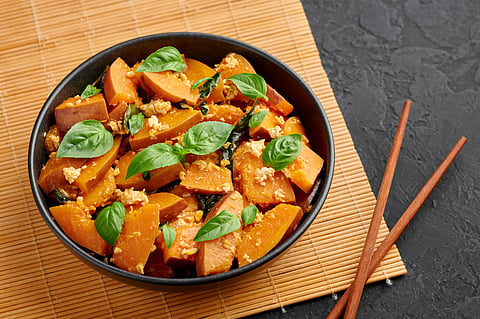 Stir-fried pumpkin, or pad phuk tong, is one of the best vegetarian dishes in Thailand