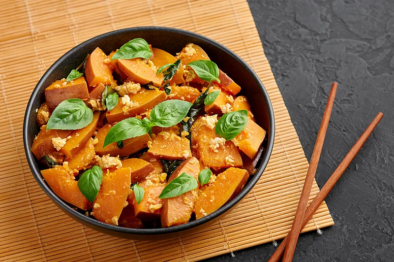 Stir-fried pumpkin, or pad phuk tong, is one of the best vegetarian dishes in Thailand