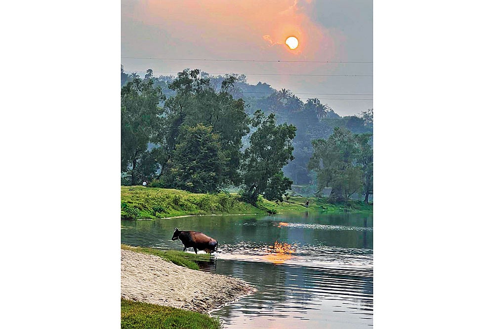 A winding river flowed through rolling meadows