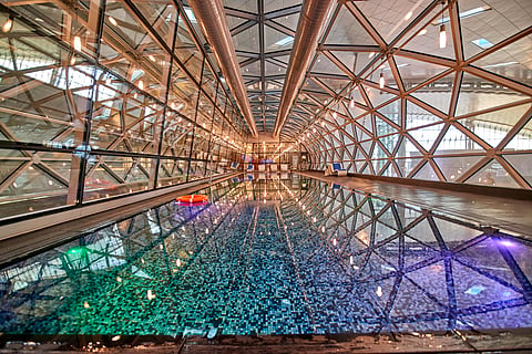 The 25-metre swimming pool at Hamad International Airport offers panoramic airport views