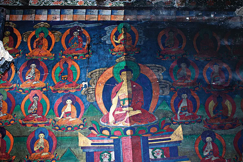 A painting in the process of being restored, half cleaned and half uncleaned