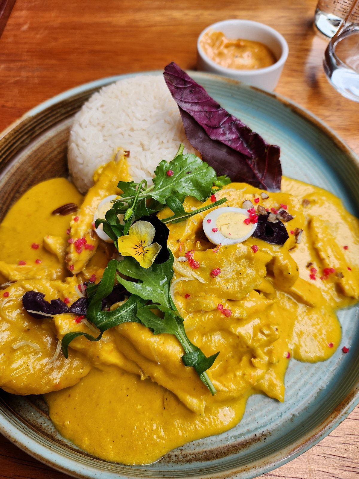 Peruvian Spicey Creamed Chicken (Aji de Gallina) in a local restaurant at Aguas Calientes