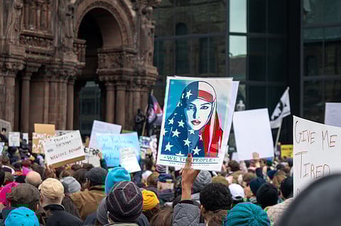 Protestors against the so-called "Muslim travel ban" in Boston, Massachusetts in 2017