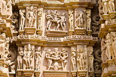 Erotic carvings at the Khajuraho Group of Monuments in Madhya Pradesh