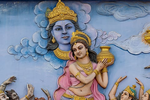 Mohini (foreground) is the Hindu deity of enchantment and the only female avatar of Vishnu (background)