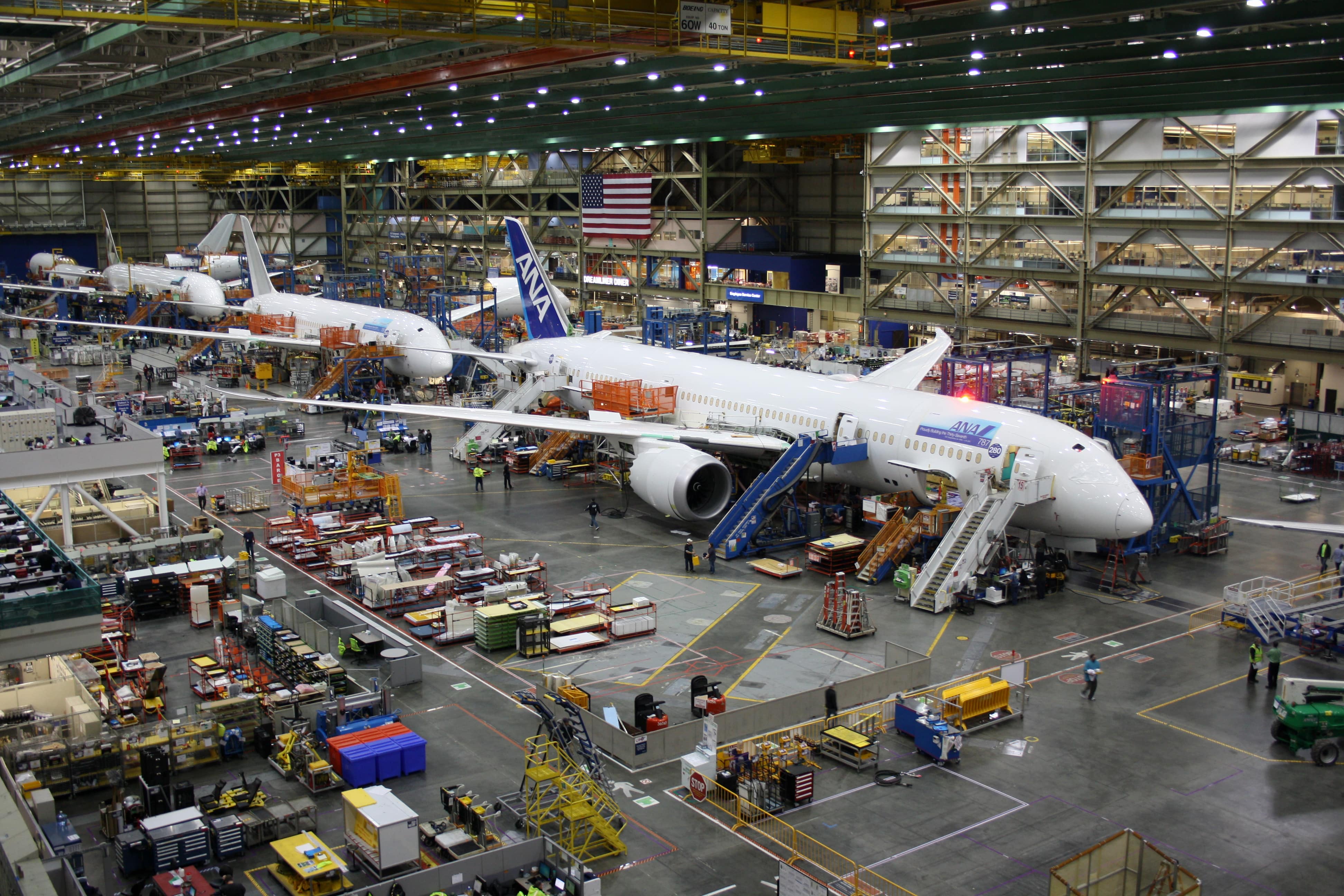 Boeing employees work on a 787 jet at the Everett factory in Washington state