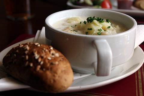 A bowl of cullen skink, served with bread