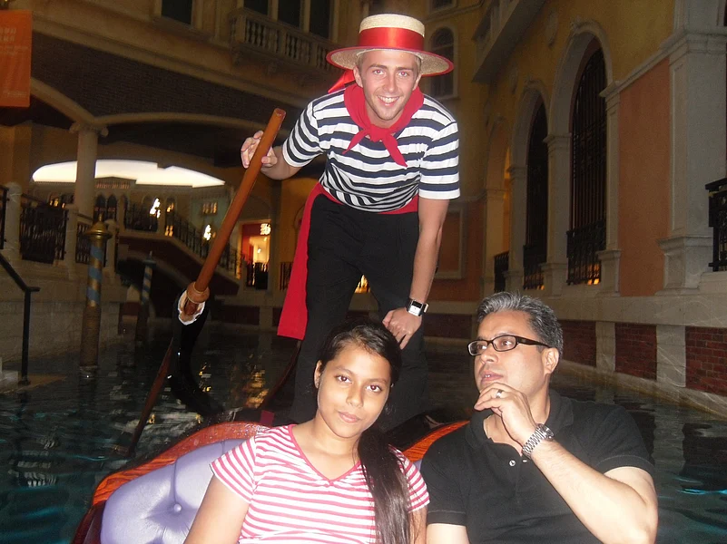 Shreya Cheema and her father on a gondola at The Venetian in Macao