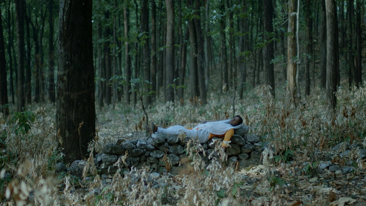 A still from “Babli by Night” where Babli lies on a pile of logs in the forest