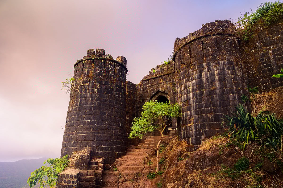 The Kalyan Darwaza of Sinhagad Fort opens towards the Konkan region