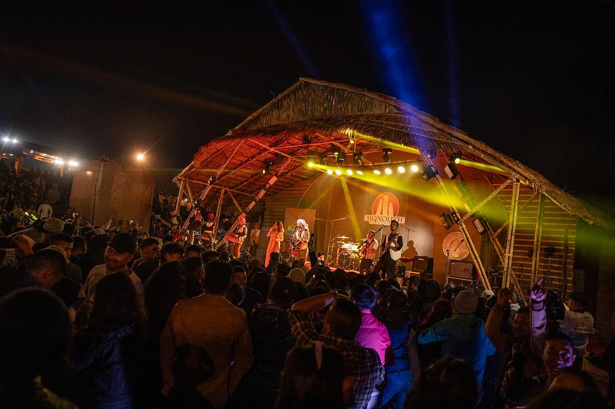 Folk fusion music performing by a known band at the Monolith Music Festival near the sacred forest in Shillong