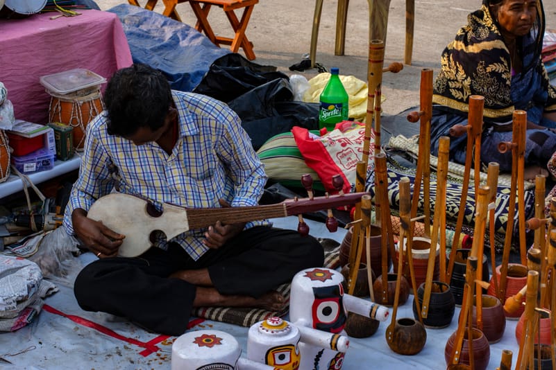 A man plays a traditional string instrument on the roadside in Kolkata