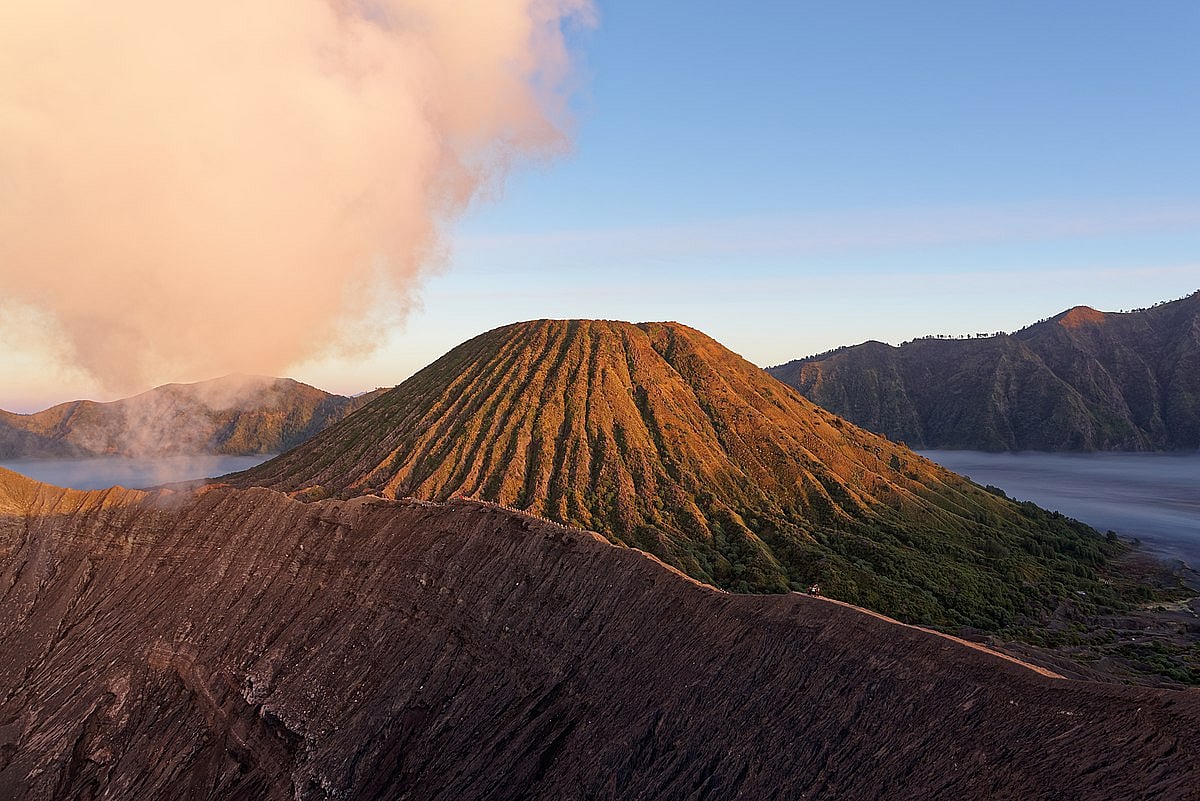 Mount Batok in the early morning light - view from the peak of the volcanic cone of Mount Bromo, East Java, Indonesia