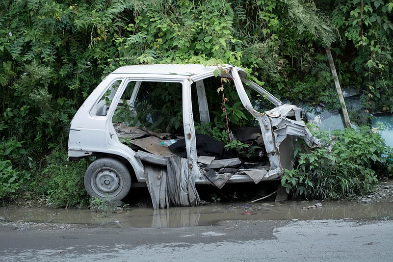 A stranded car after flash floods in Himachal Pradesh in 2017