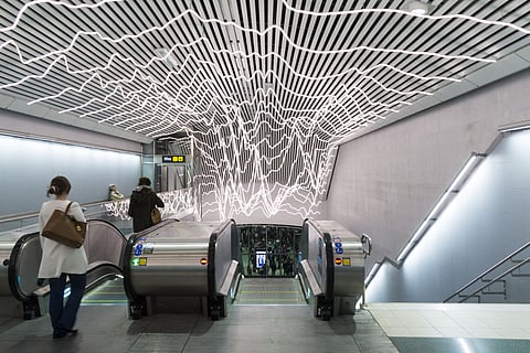 “Life Line” by David Svensson hangs down from the ceiling of Odenplan’s western entrance hallway