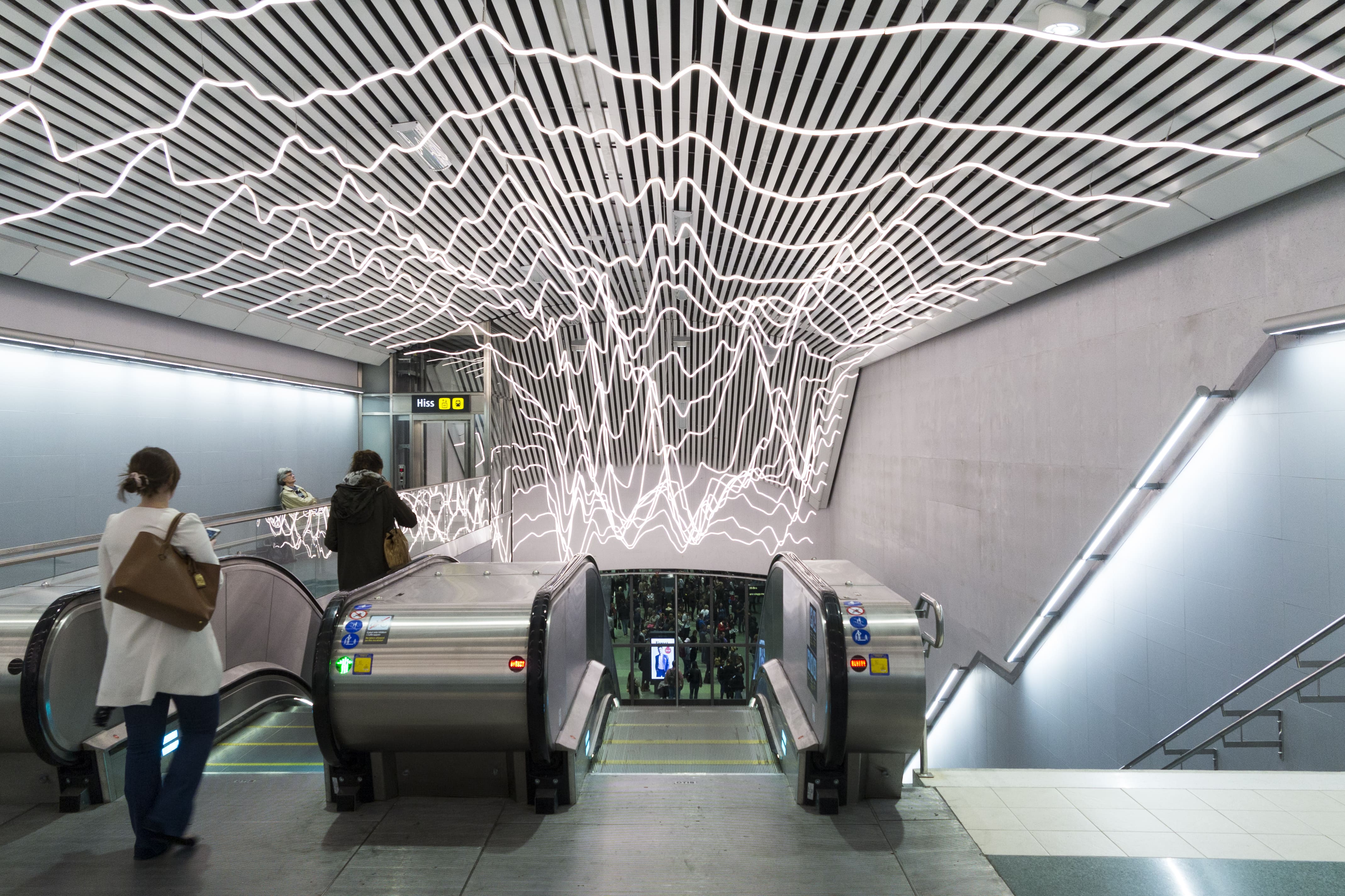 “Life Line” by David Svensson hangs down from the ceiling of Odenplan’s western entrance hallway