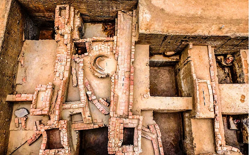 An aerial view of the excavated site at Keeladi in Tamil Nadu