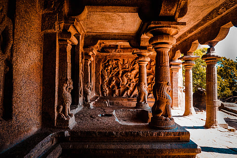 The Mahishasuramardhini mandapa is an example of Indian rock-cut architecture dating from the late seventh century