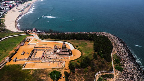 An aerial view of the Shore Temple of Mahabalipuram