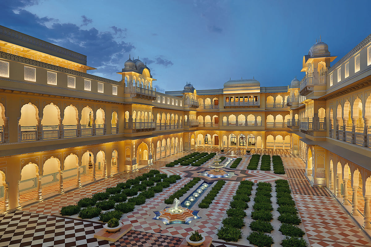 Marvel at the architectural elegance of Hyatt Regency Jaipur Mansarovar, inspired by the Nahargarh Fort