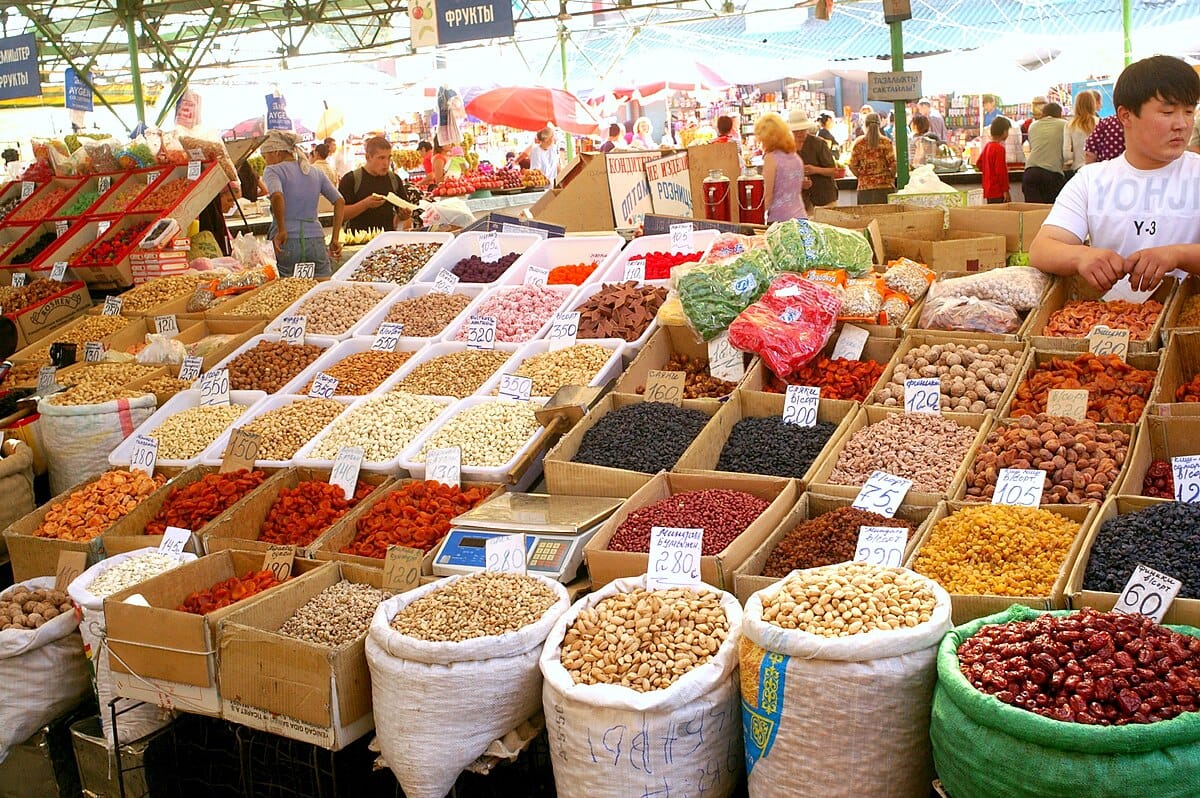 Spice stalls at Osh Bazaar in Bishkek, Kyrgyzstan