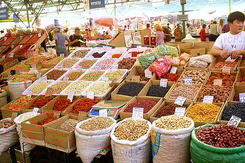 Spice stalls at Osh Bazaar in Bishkek, Kyrgyzstan