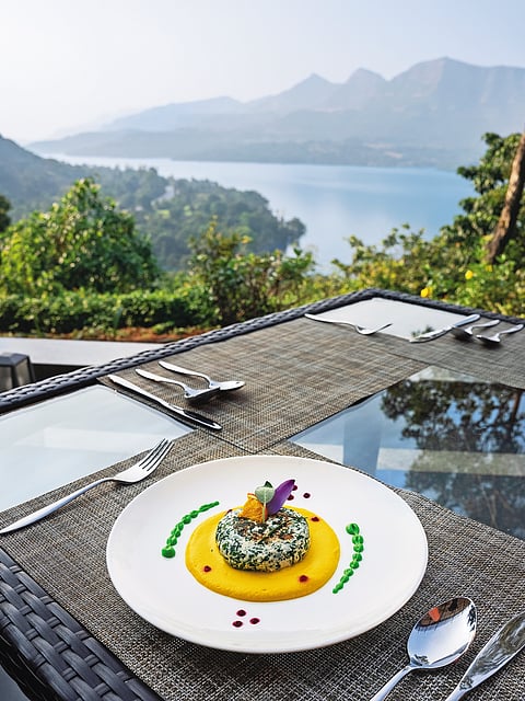 Outdoor dining with stunning views of Mulshi Lake and the Sahyadri mountains