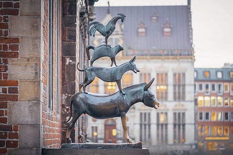 The bronze sculpture of the Bremen Town Musicians in the city's town hall