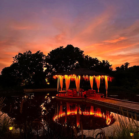 The Gazebo of Dhyaana Farms at sunset